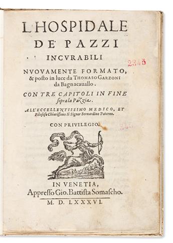 Garzoni, Tommaso (1549-1589) LHospidale de Pazzi Incurabili Nuovamente Formato & Posto in Luce.